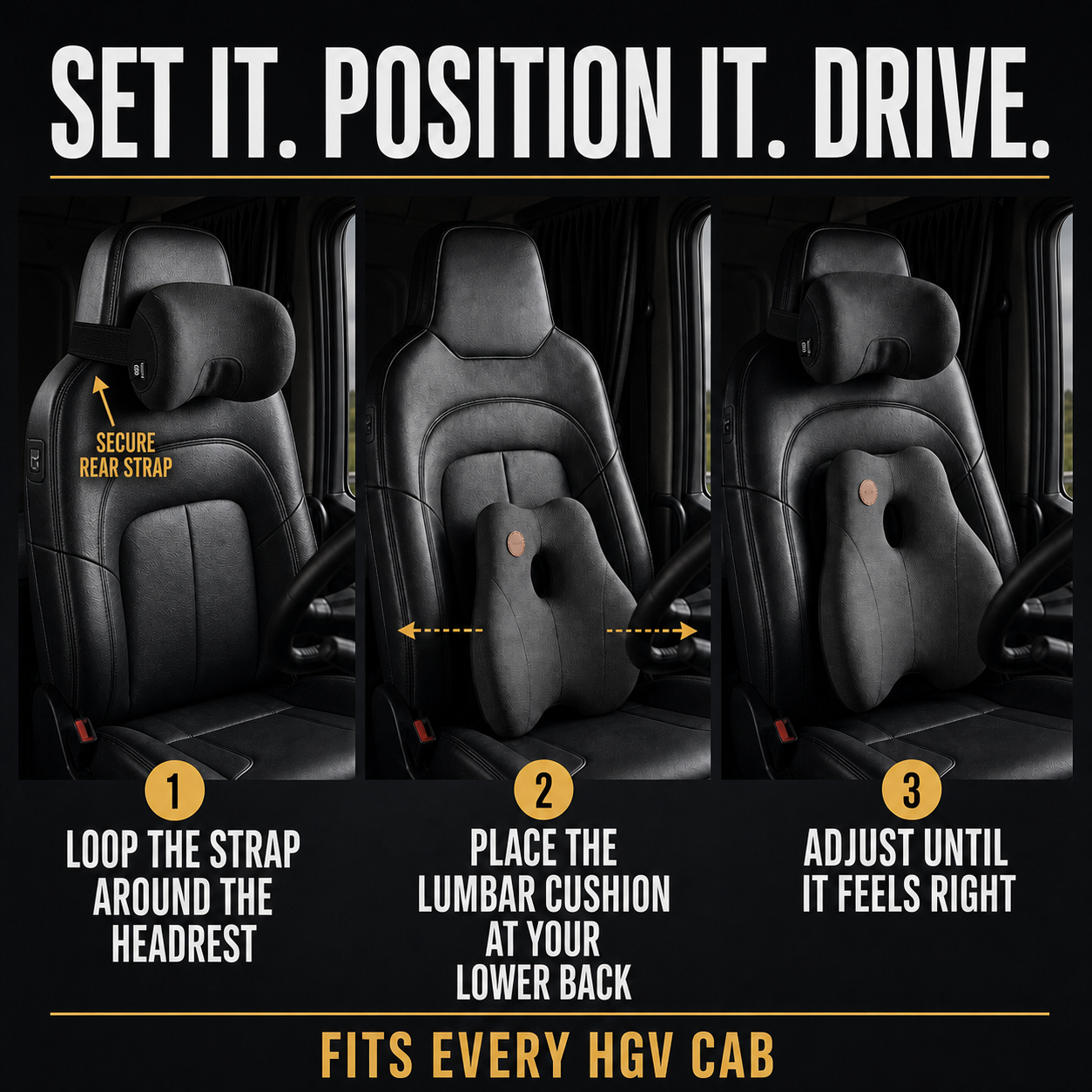 Rear neck-cushion strap and positioning for every HGV cab
